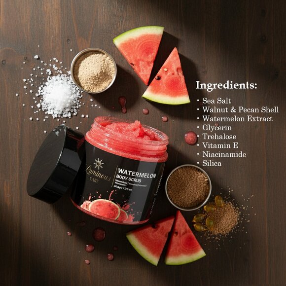 Luminous Care Watermelon Body Scrub | Sea Salt + Walnut Shell Exfoliating 200g - Picture 9 of 10